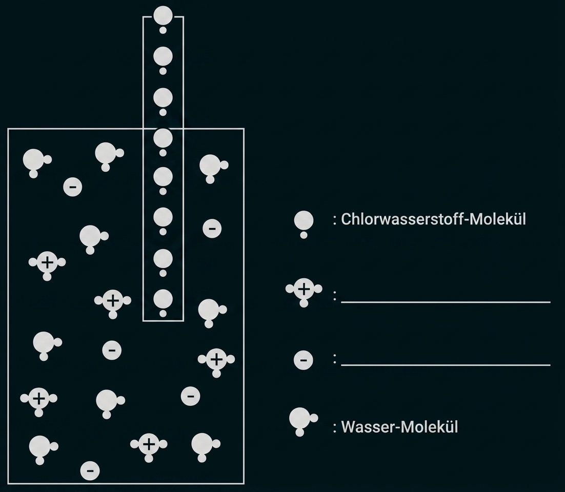 Diagramm: Chlorwasserstoff löst sich in Wasser; zeigt Wasser-Moleküle sowie entstehende H+ und Cl− Ionen.